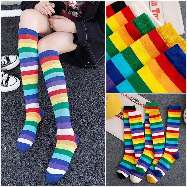 Chaussettes arc-en-ciel pour femmes, Style coréen, Lolita en coton, japonaises, mignonnes filles rayées, Street JK High