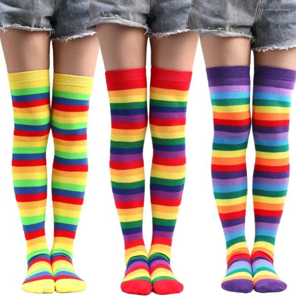 Chaussettes arc-en-ciel pour femmes, bas en coton, longueur aux genoux, pour enfants, réunions de fête transfrontalières, rayures colorées fières