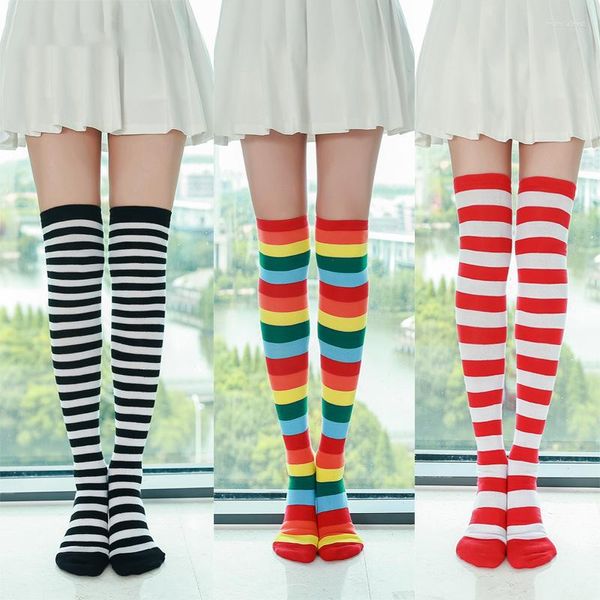 Calcetines de mujer de tubo largo a rayas de arcoíris, uniforme japonés por encima de la rodilla hasta el muslo, estilo universitario, moda sexy y divertida