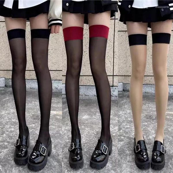 Calcetines de mujer con borde rojo, medias sexis Punk para medias de red de malla, medias súper elásticas para fiesta en Club, medias largas ultrafinas