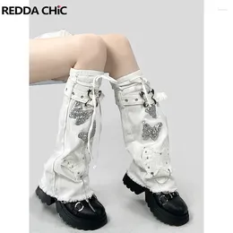 Calcetines de mujer Reddachic Glitter Butterfly Denimiento Decoración de la cadena de cinturón de la cinta Bordada Bordida Grayu Y2K Boots Covers