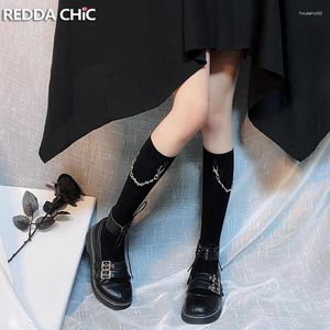 Chaussettes REDDACHiC pour femmes, décor de chaîne en métal, mi-mollet, gothique, noir, solide, décontracté, longs genoux, Harajuku japonais Jk Lolita