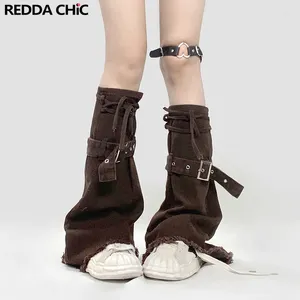 Femmes chaussettes REDDACHiC Vintage marron Cowgirl Denim jambières évasées bande ceinture guêtres bottes couverture Grunge Y2k fille genou-long