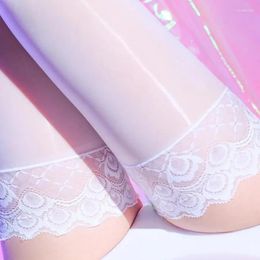 Femmes chaussettes rétro Peacock Feather Lace Top Silicone Hold Up High Stockings Huile 8d Oil Shiny Party Sexy Lingerie transparente