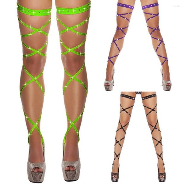Calcetines de mujer con diamantes de imitación, vendaje Sexy de Color sólido, arnés de pierna calado, ropa interior, medias porno, calcetín de moda