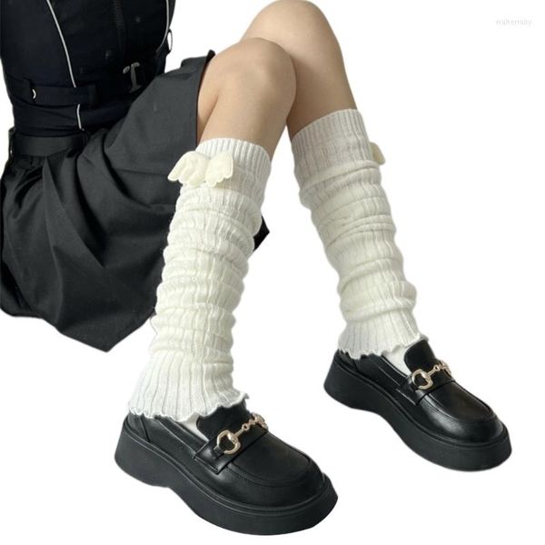 Chaussettes côtelées tricotées pour femmes, longues filles japonaises, mignonnes ailes d'ange, ourlet à volants, manchettes de bottes, couvre-pieds, bas