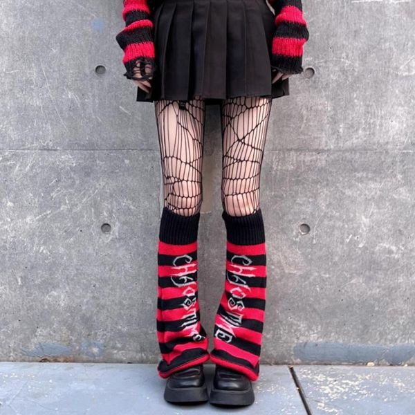 Calcetines de mujer Ruibbit Girl japonés rodilla manga pierna cubierta Harajuku hecho a mano negro rojo raya de punto JK calentadores Punk Y2k