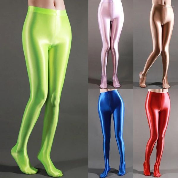 Femmes chaussettes Satin brillant collants Sexy bas brillant Yoga pantalon Leggings Sport collants Fitness taille haute