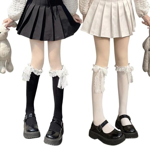 Chaussettes en coton pour femmes et filles, uniforme japonais en dentelle à volants avec nœud papillon, bas hauts aux genoux décontractés