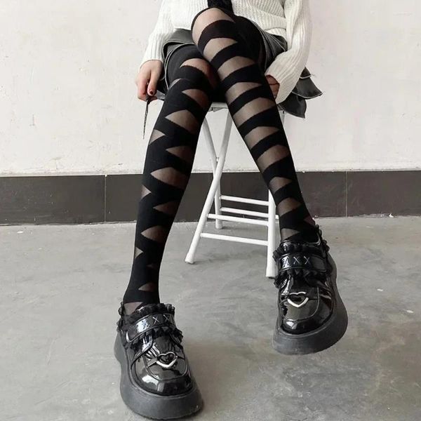 Calcetines semitransparentes para mujer, pantimedias finas blancas y negras con lazo japonés, pantimedias cruzadas de estilo Harajuku, caladas