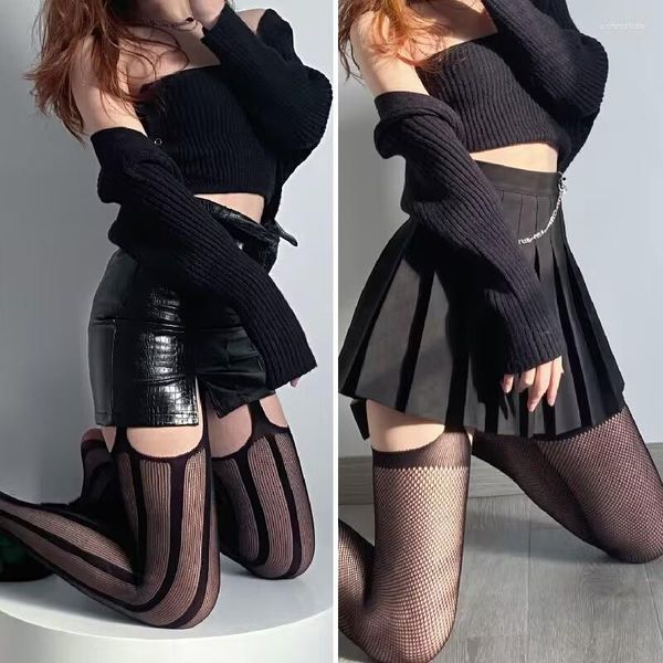 Femmes chaussettes Sexy bas noirs avec ceinture ensemble haute résille collants Lingerie bas collants cuisse longue maille dentelle bas 2023