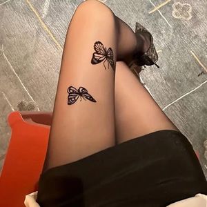 Chaussettes noires sexy pour femmes, collants Vintage Y2K imprimé papillon, collants en soie transparents pour filles, bas d'été fins et hauts