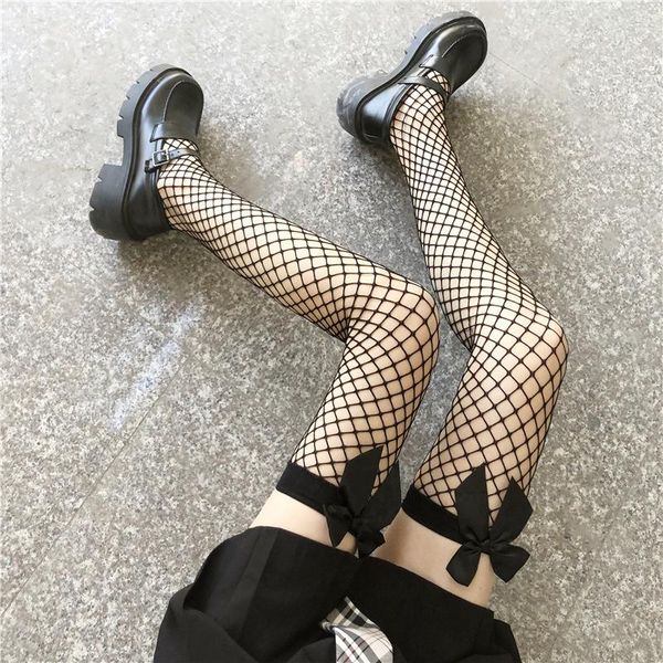 Femmes Chaussettes Sexy Arc Bas Résille Cuisse Haute Sur Genou Nylon Long Punk Bonneterie Anime Lolita Doux JK Filles Costumes