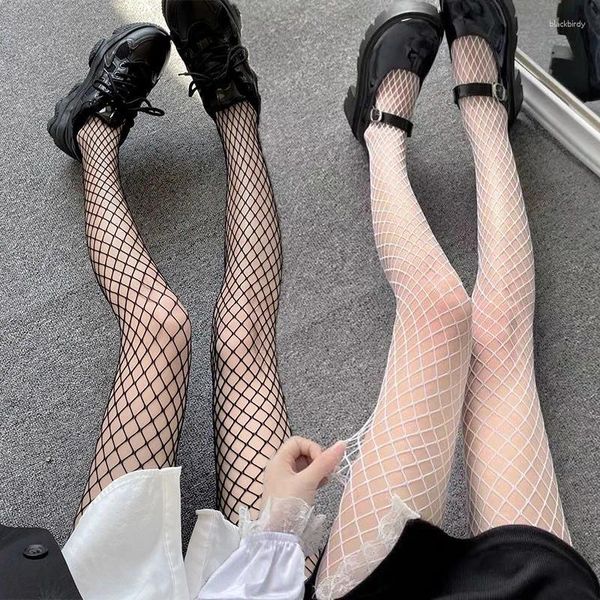 Calcetines de mujer, medias de red sexis, medias blancas y negras, mallas largas adelgazantes, pantimedias de lencería de cintura alta de nailon de malla Lolita