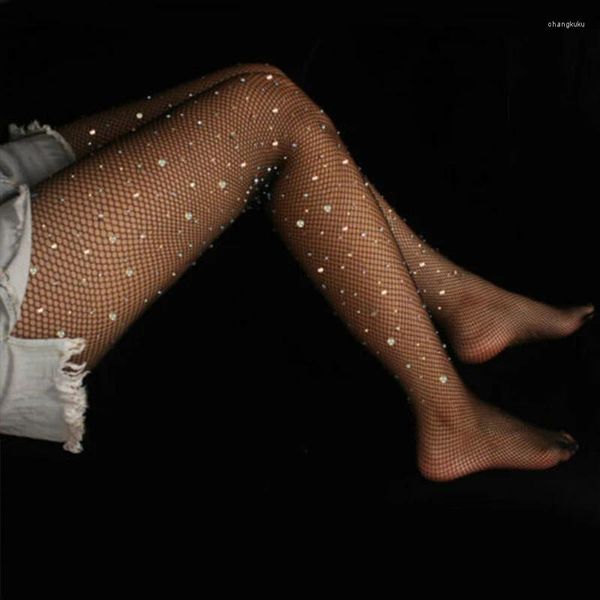 Chaussettes en résille Sexy pour femmes, magnifiques collants scintillants en strass, Slim, fête en Club, filet en maille diamant