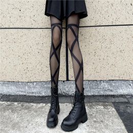 Femmes chaussettes Sexy japonais croix sangle bas blanc collants Jk noir collants Anime Cosplay Bandage fille mignon Loli S79