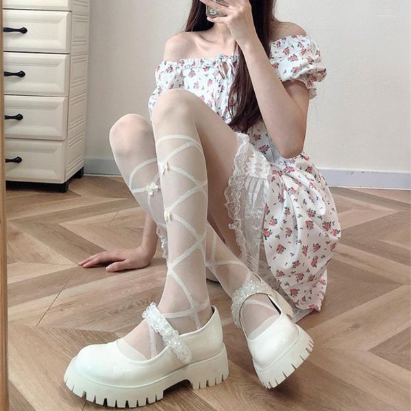 Calcetines de mujer Sexy JK estilo japonés lindo lazo vendaje medias de nailon Lencería malla Lolita dulce chicas medias blancas pantimedias con cinturón