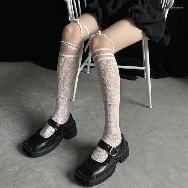 Calcetines de mujer sexis de malla de encaje medias de red dos dedos de los pies DIY vendaje Bowknot rodilla JK Lolita chicas Kawaii lindo largo