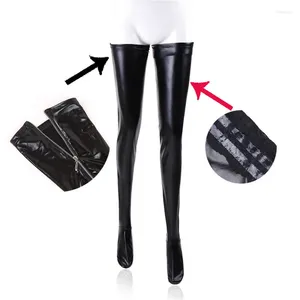 Chaussettes Sexy en Latex pour femmes, bas à fermeture éclair, PVC noir, pôle danse, cuir, vêtements de club érotiques, longueur au-dessus du genou, exotique