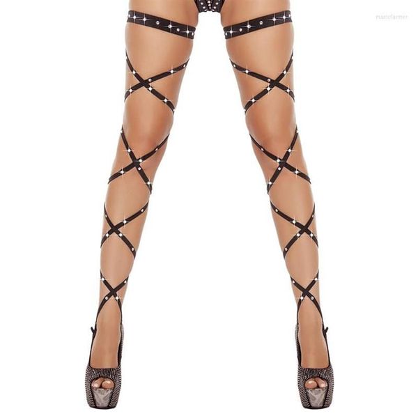 Femmes Chaussettes Sexy Lingerie Bandage Bas Résille Cuisse-haute Cristal Clouté Cuisse Haute Jambe Rave Wraps À Bretelles Strass Collants307C