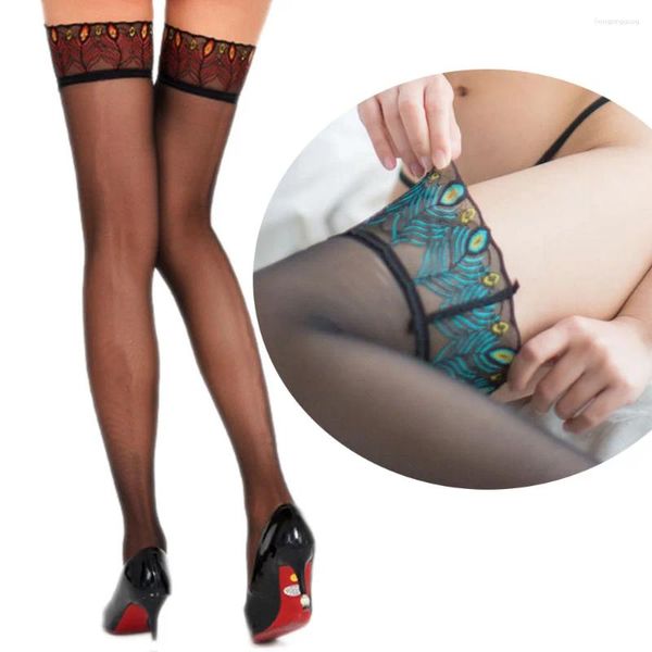 Chaussettes pour femmes, Lingerie Sexy, bas fétichistes, ligne arrière, collants en dentelle à motif de paon, sous-vêtements élastiques en soie, Costumes, haut transparent, hold-up