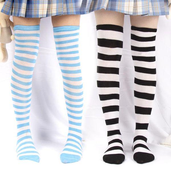 Calcetines largos sexis por encima de la rodilla para mujer, medias cálidas de algodón con rayas blancas y negras japonesas para chicas, medias cálidas de algodón de Anime Kawaii Lolita