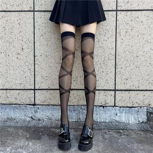 Vrouwensokken sexy media zwart wit gestreepte lange velet over kniebaan hoge kousen meisjes anime lolita cosplay kostuums