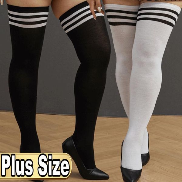 Femmes chaussettes Sexy Medias noir blanc rayé longue cuisse haute sur le genou bas filles tricoté chaud chaussette