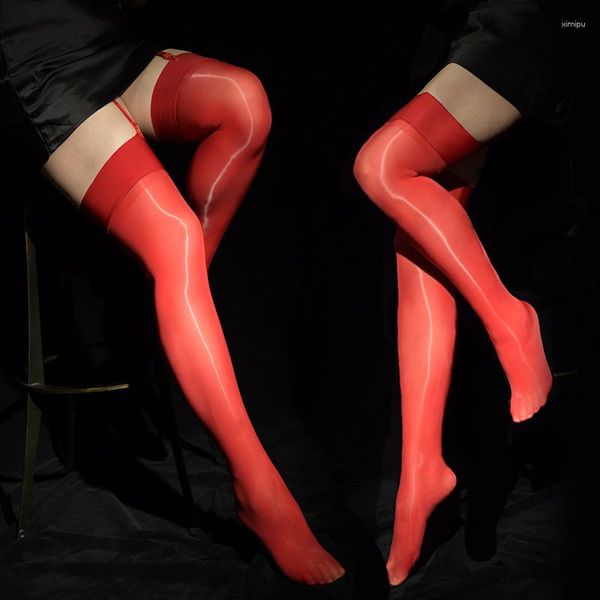 Femmes chaussettes Sexy hommes femme couleur bonbon huile brillant haut bas Vintage brillant bas serré façonnage élastique au-dessus du genou grande taille