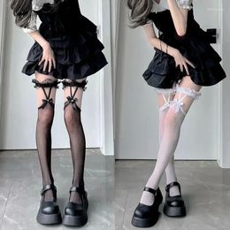 Femmes chaussettes sexy en maille Fishnet jk lolita fille long tube japonais dentelle bowknot suspension knee high y2k
