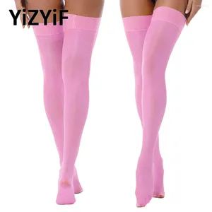 Calcetines de mujer Sexy aceite brillante medias de muslo elásticas altas hombres ver a través de lencería brillante sobre la rodilla