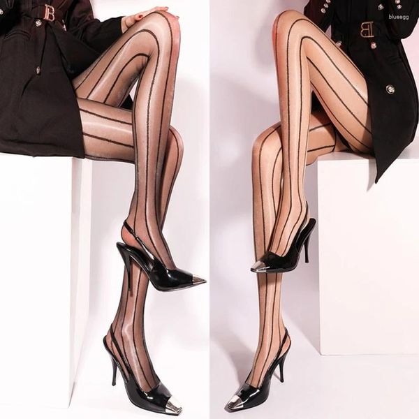 Calcetines de mujer Sexy Oil Shiny See Through Pantyhose Rayas verticales Patrón estampado Medias Entrepierna abierta Muslo Medias altas de seda