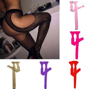 Femmes Chaussettes Sexy Strass Chaussettes Quatre Côtés Évider Résille Résille Collants Hauts Ouvert Entrejambe Libre Hors Filet Serré