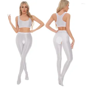 Vrouwensokken sexy satijnen olie glanzende witte strakke leggings kijken door open kruis panty yogabroek