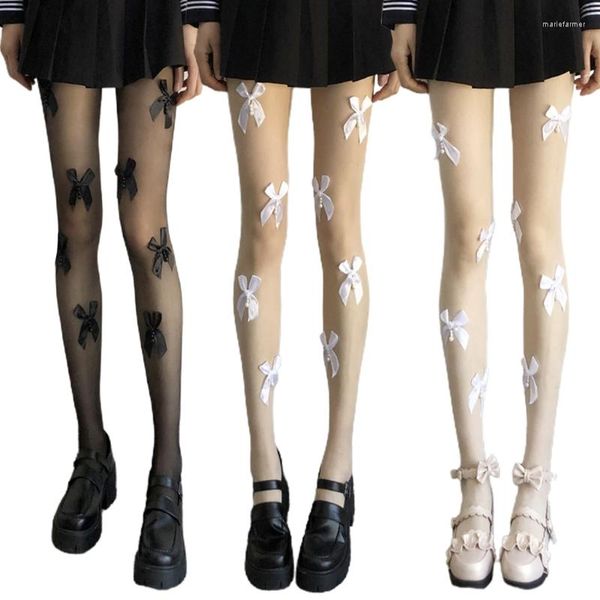 Calcetines de mujer, pantimedias sedosas transparentes sexis, pantimedias japonesas con lazo dulce, medias con cuentas de perlas, gota de malla