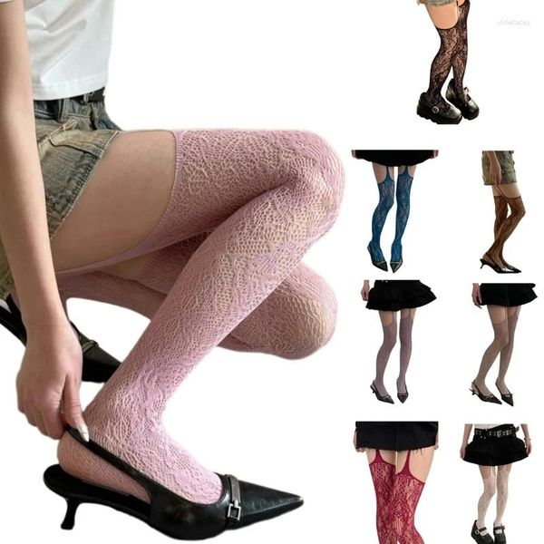 Femmes chaussettes sexy sheer fishnet softs tabkets jarret pantyhose creux de fleur motif de fleur coloré cuisse hauts bas