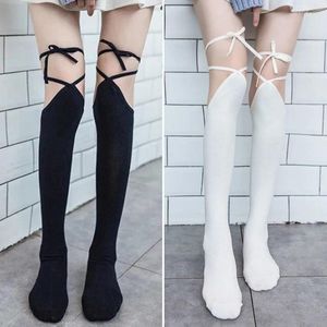Calcetines de mujer Sexy hasta el muslo japonés cruzado con cordones JK Lolita medias largas negro blanco pantimedias vendaje Cosplay medias finas de algodón