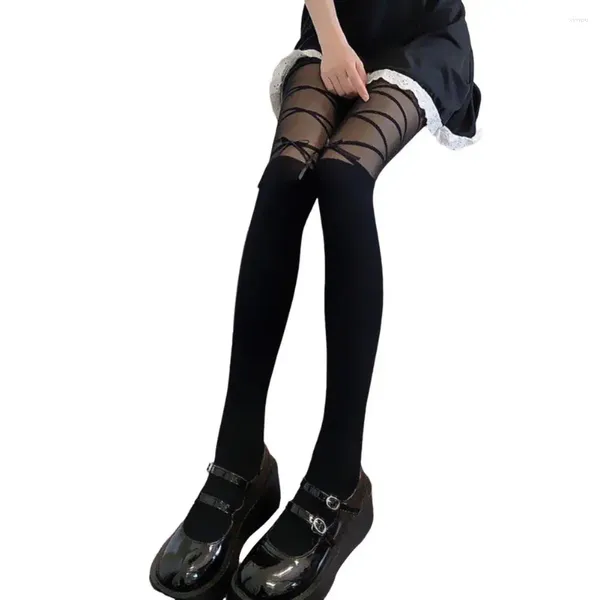 Calcetines de mujer medias sexis hasta el muslo elegantes de encaje de retales con decoración de lazo hasta la rodilla japonés