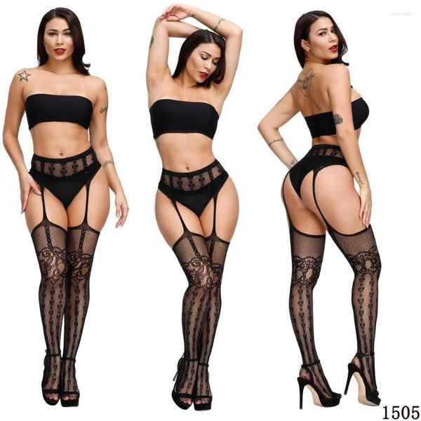 Femmes chaussettes Sexy cuisse haute bas pour érotique ouvert entrejambe dentelle Lingerie jarretière résille collants femme S12