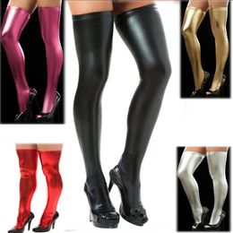 Femmes chaussettes sexy cuisse haute bas brillant métallique élastique longue sur le genou en cuir Cosplay Lingerie boîte de nuit bas bonneterie