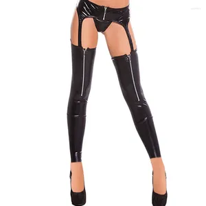 Vrouwen Sokken Sexy Dij Leren Kousen Vrouwelijke Erotische Slobkousen Taille Rits Wetlook Zwart Vinyl Latex Gothic Panty