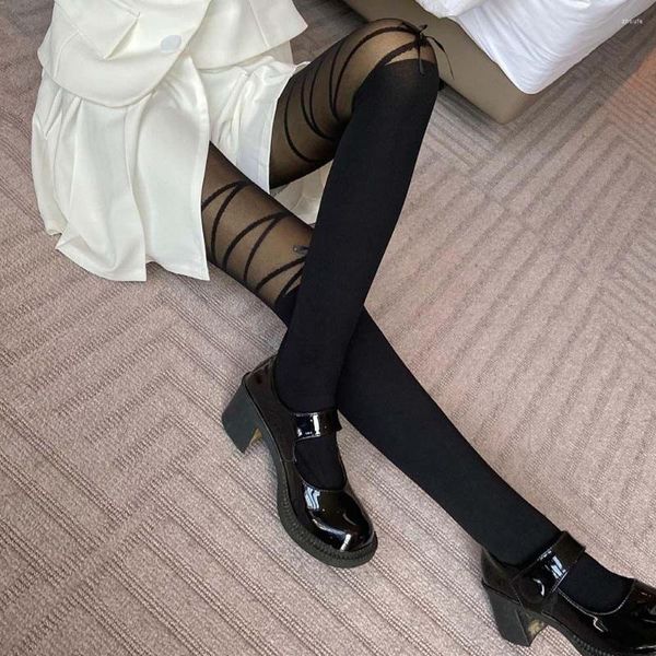 Calcetines de mujer sexis finos transparentes medias con lazo JK pantimedias de seda blanca mujer japonesa Lolita costura muslo negro oscuro