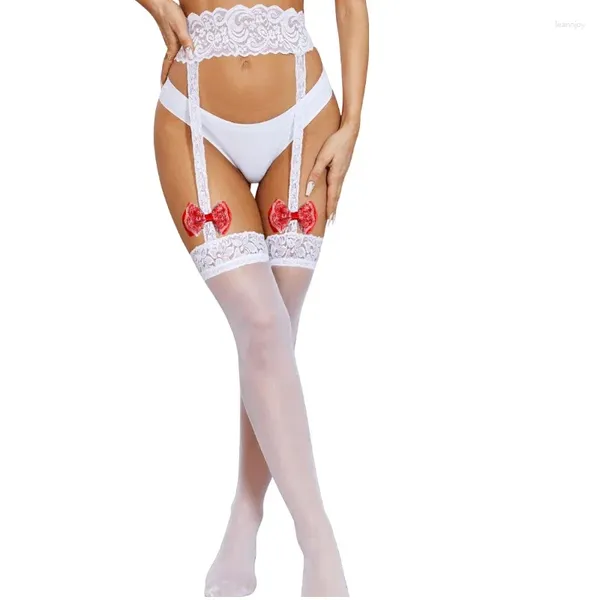 Chaussettes pour femmes Shengrenmei Jarretière avec bas à nœud rouge fait à la main Collants de ceinture en dentelle Lingerie sexy Jarretelles Uniforme pour femmes Collants transparents