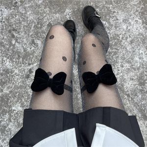 Femmes Chaussettes Shine Black Polka Dots Collants à motifs Collants Noeud papillon Sexy Night Party Mesh Hollow Out Fishnets Bottoming Bas