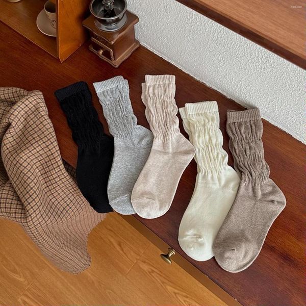 Chaussettes simples en coton japonais pour femmes, couleur unie, bas empilés à rayures verticales