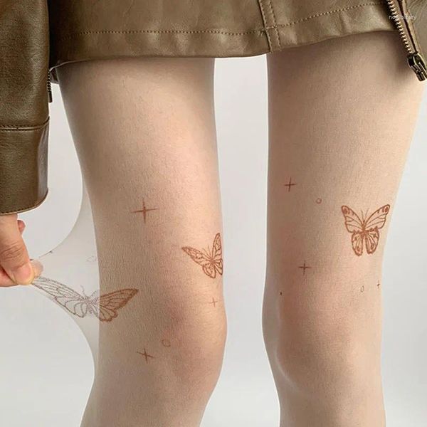 Chaussettes couleur peau pour femmes, bas pour cuisses de papillon rouge, tatouage Lolita imprimé Y2K, à la mode