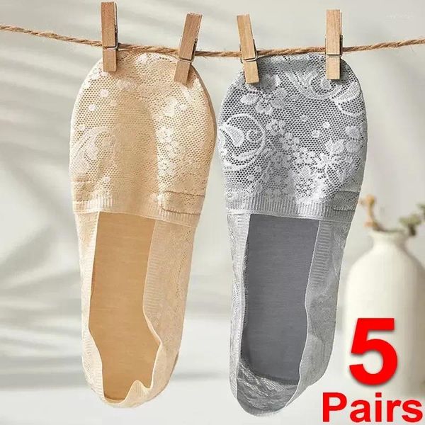 Calcetines de mujer calcetín tobillo flor encaje Invisible barco seda antideslizante transpirable verano bajo femenino Ice Sox Sexy 5 pares cortados