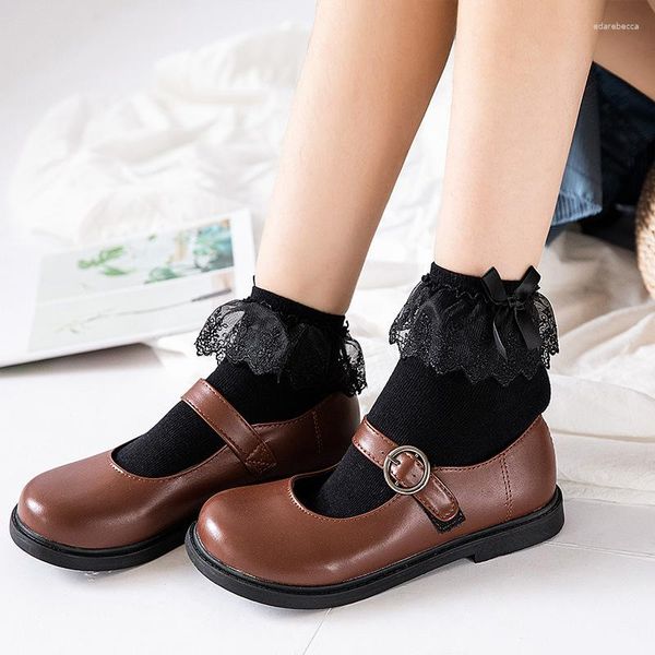 Calcetines de mujer suaves transpirables Anime Cosplay negro blanco algodón Casual Soxs Lolita princesa corto encaje lazo flor volante calcetín