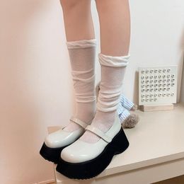 Meias femininas cor sólida preto branco meias longas oco para fora respirável joelho jk estilo japonês escola meninas babados