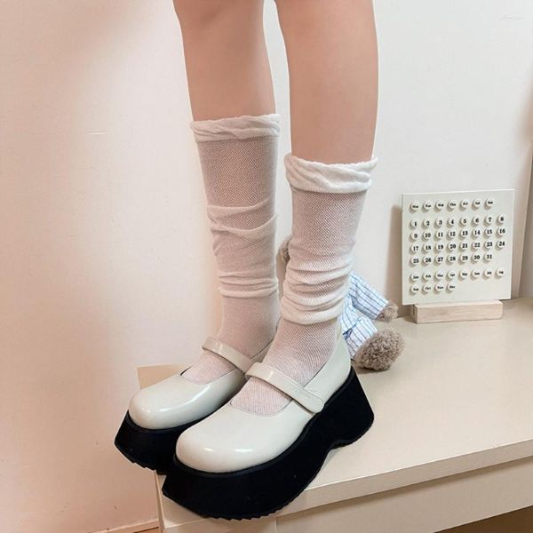 Calcetines de mujer Color sólido negro blanco medias largas ahuecadas transpirable hasta la rodilla JK estilo japonés escuela niñas volantes